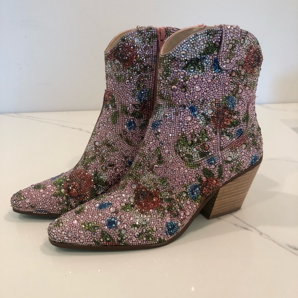 Betsey Johnson “Diva” Pink Floral Crystal Western Booties